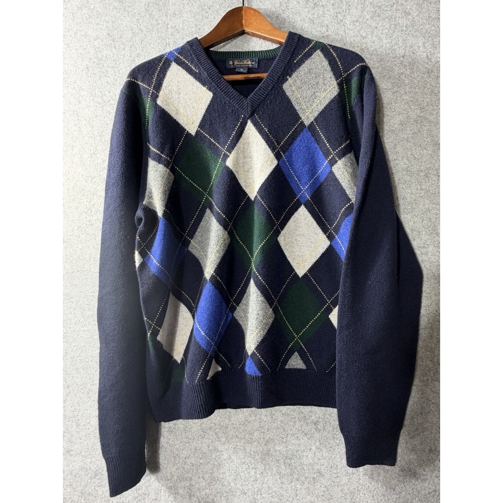 Brooks Brothers Sweater Mens Medium Navy Argyle Scottish Lambswool V Neck